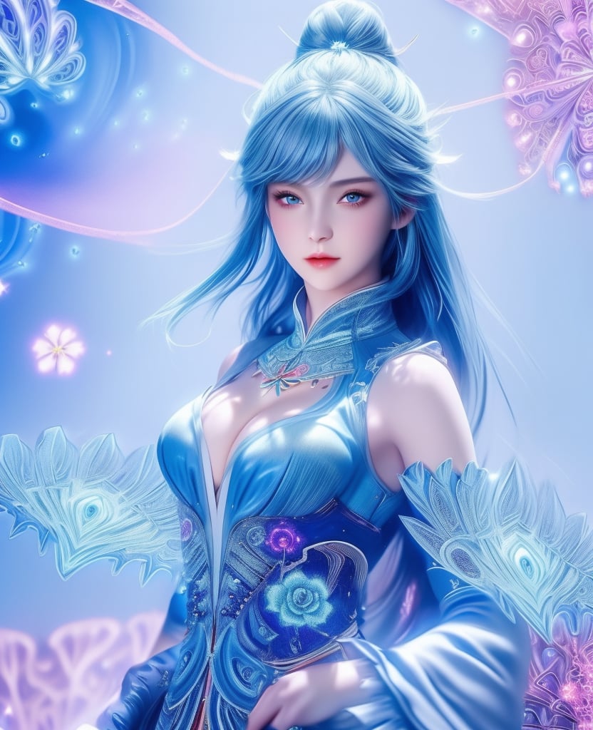 <lora:斗罗大陆-唐舞桐-海神缘:0.8>　　1girl, solo, blue hair, blue eyes, hair ornament, sparkle, looking at viewer,  (,1girl, ,best quality, ),looking at viewer,,anime,(masterpiece, top quality, best quality, official art, beautiful and aesthetic:1.2), (1girl)	, , (cleavage),extreme detailed,(fractal art:1.3),colorful, flowers ,highest detailed,()    (cleavage), (),