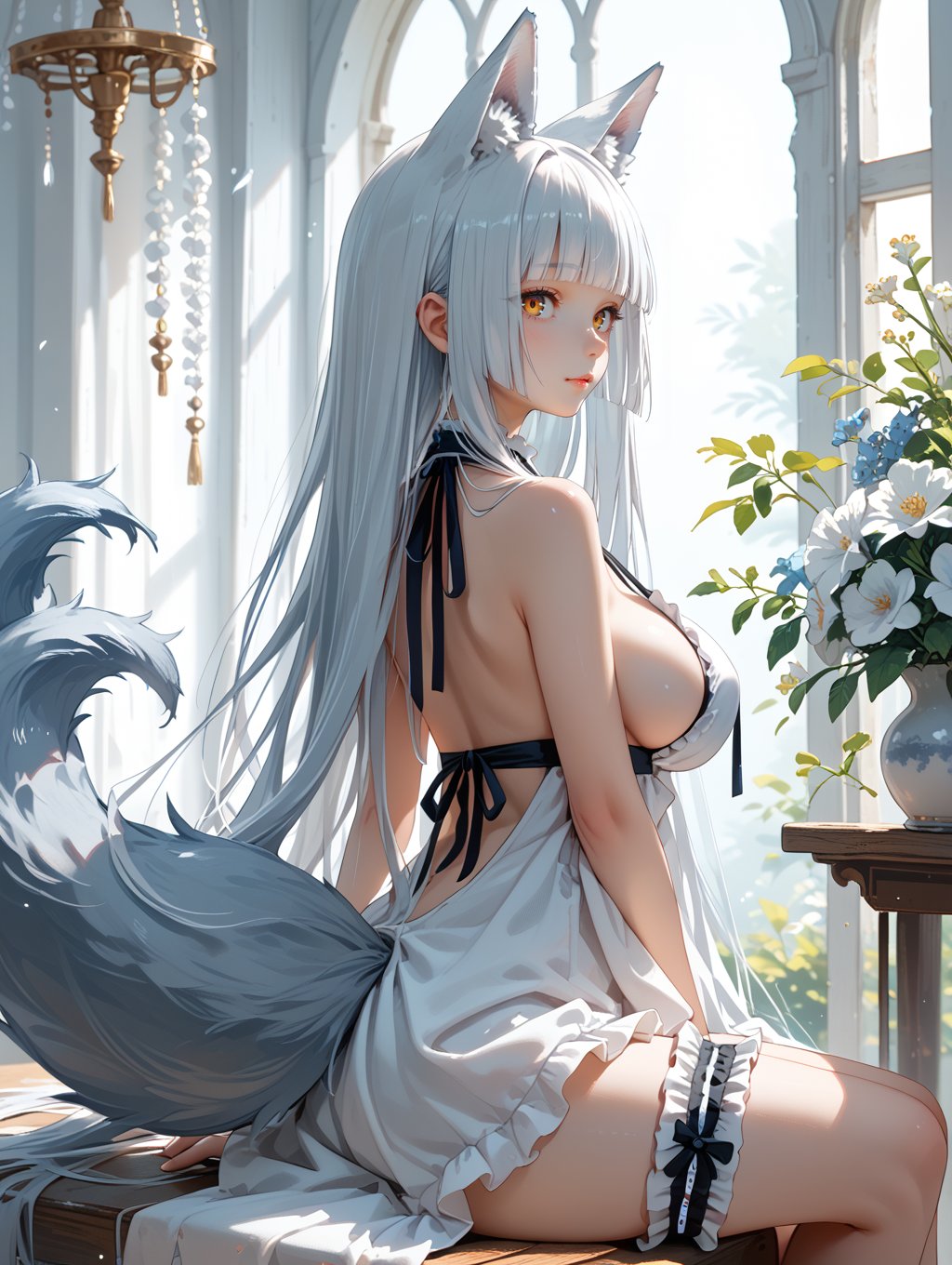 score_9, score_8_up, score_7_up,1girl, (((hime cut hair, very long hair,))), large breast,(((wolf tail, wolf ears))), ruanyi0972,bottomless,sideboob,frills,halter neck,black ribbon,bridal garter