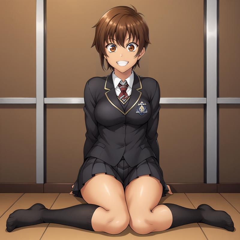 <lora:NagisaFujimaXLpony001>,grin,solo,NagisaFujima,1girl,brown hair,short hair,brown eyes,tan,school_uniform,black blazer,pleated_skirt,black skirt,black socks,full body,sitting,