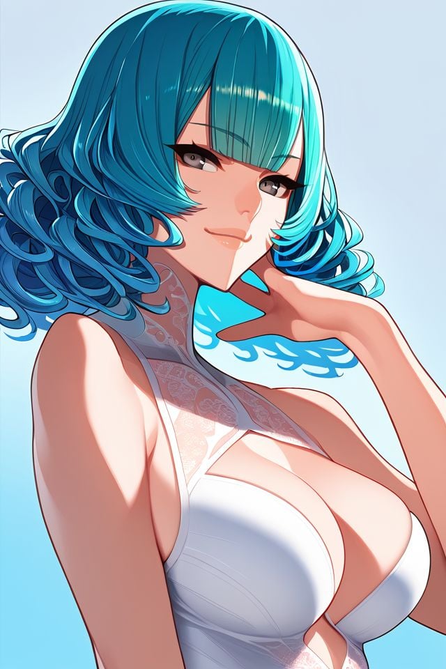 score_7_up, 1girl, smirk, hand on own face, aqua hair, textured_bangs, dark_grey eyes, large breasts, beautiful background <lora:Ban!_(bansankan)_PonyXL_style_v01:1>