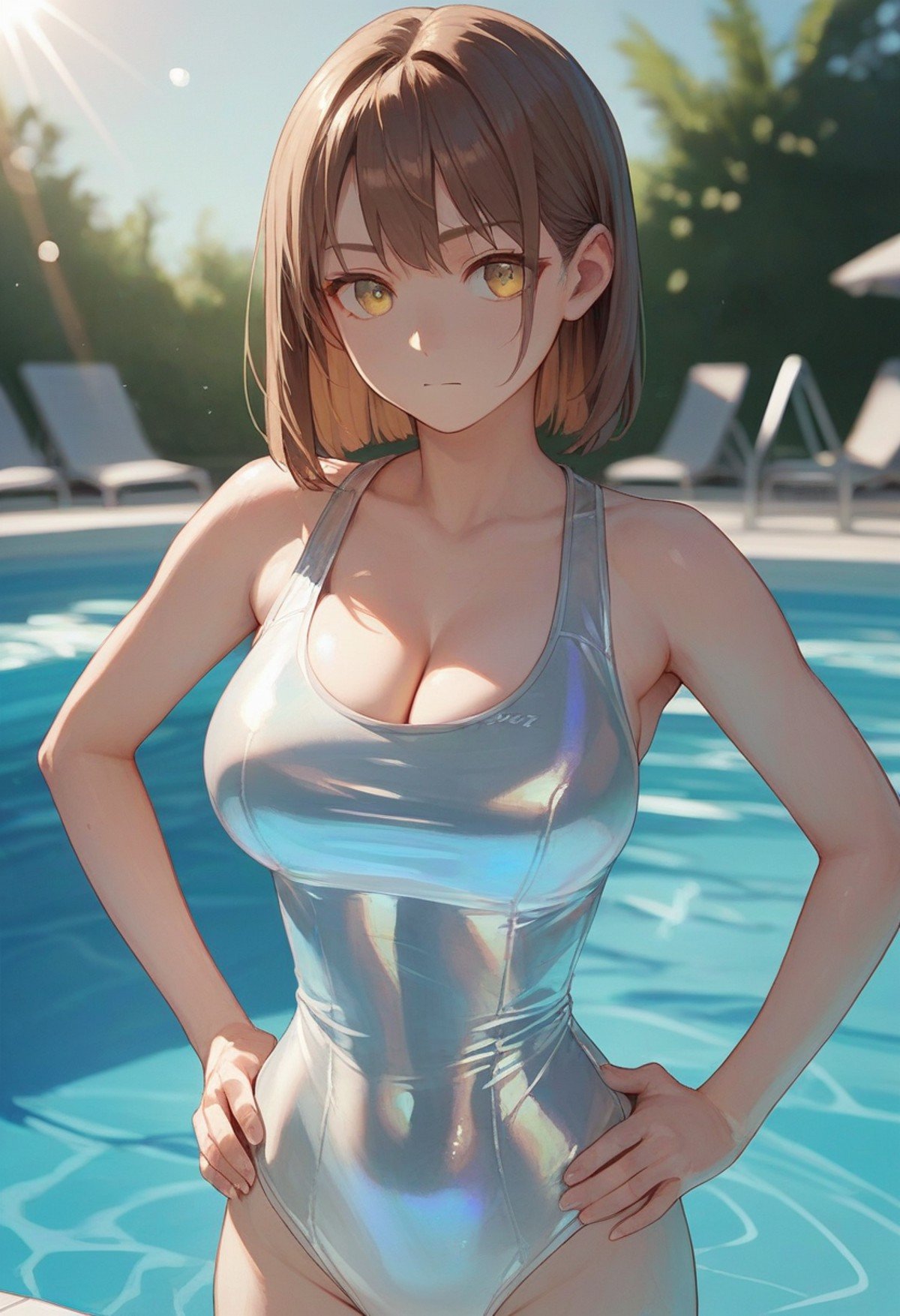 score_9, score_8_up, score_7_up, score_6_up, source_anime, <lora:holographic_v0.2-pony:1>1girl, brown hair, yellow eyes, holographic one-piece swimsuit, hands on own hips, pool, sunlight, large breasts, cleavage, 