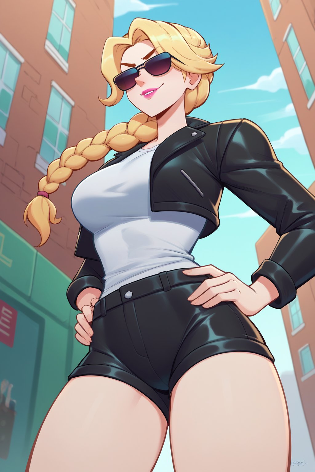 score_9, score_8_up, score_7_up, digital painting, 1girl, solo, <lora:NSLeahStardew:1> NSLeahStardew, blonde hair, long hair, braid, braid in front, single braid, smug, hands on hips, white t-shirt, black jacket, leather leather, short shorts, black shorts, latex shorts, city, sunglasses, from below, pink lipstick