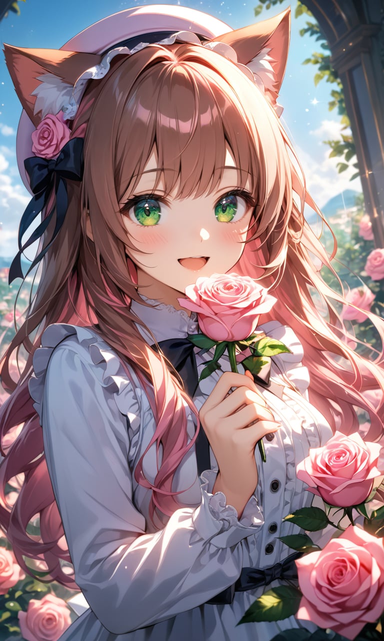 (Depth of field, hdr, 8k wallpaper, cinematic angle, cinematic lighting,:1.1) (masterpiece, best quality:1.45),  kawaii cat girl, pink hair, pink, rose, pink roses, girls, anime, 1girl, flower, solo, rose, pink flower, green eyes, pink rose, long hair, animal ears, looking at viewer, smile, holding, blush, brown hair, bangs, upper body, bow, hat, outdoors, holding flower, long sleeves, frills, open mouth, shiny, sparkle