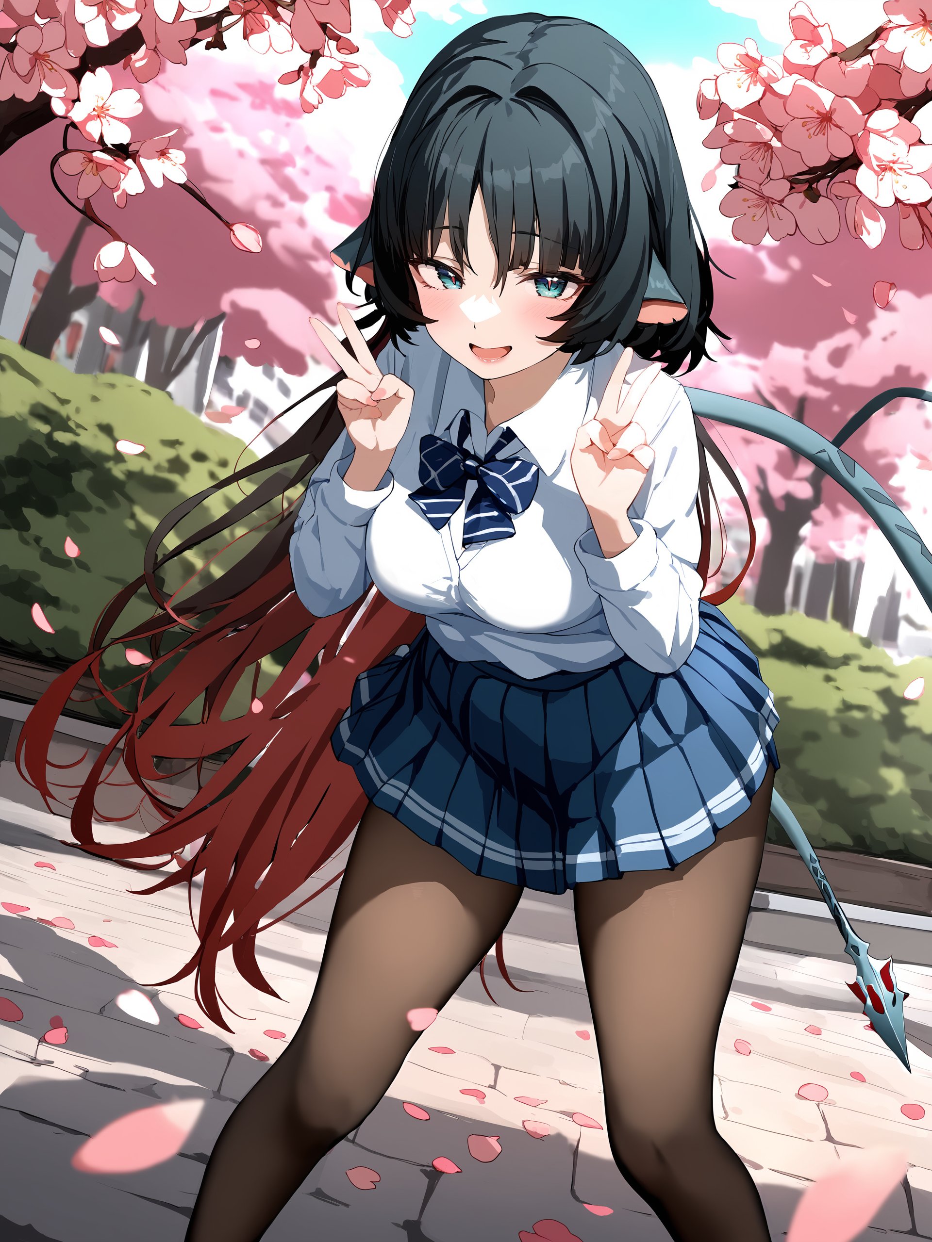 1girl, jane doe \(zenless zone zero\), long hair, solo, school uniform, white shirt, sweater, pleated skirt, pantyhose, smile, open mouth, double v, looking at viewer, smile, open mouth, outdoors, street, cherry blossoms, petals, depth of field, tail  <lora:Char-ZZZ-JaneDoe-V1-XL:1> <lora:XL-tool-extremely_detailed:1> solo, extremely detailed, masterpiece, best quality, perfect features, intricate details, HDR, natural light