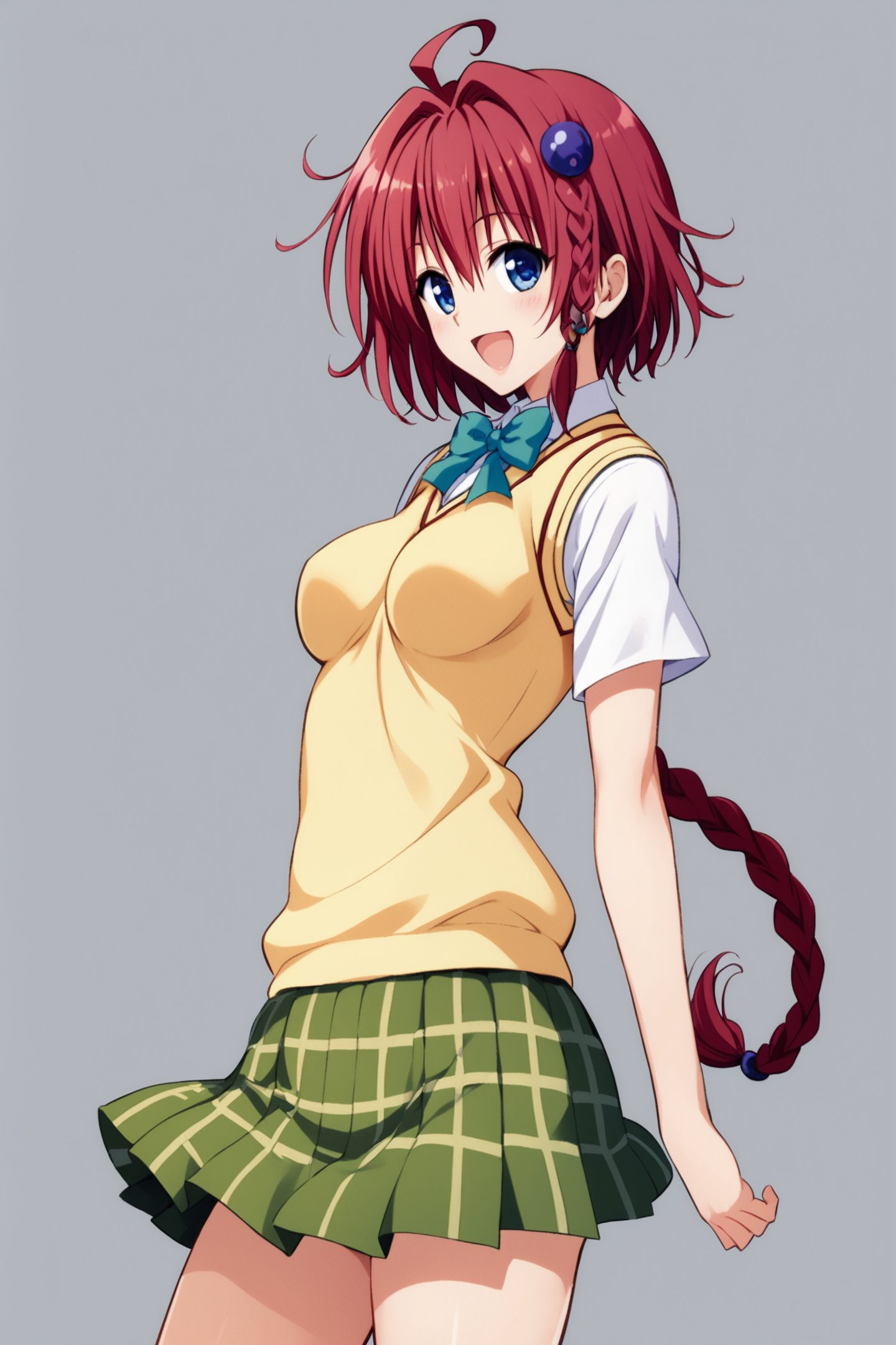 kurosaki meia, 1girl, solo, skirt, braid, school uniform, red hair, blue eyes, open mouth, ahoge, smile, sweater vest, hair ornament, green skirt, :d, plaid skirt, simple background, pleated skirt, plaid, single braid, bow, looking at viewer, grey background, medium breasts, cowboy shot,score_9,score_8_up,<lora:Yabuki Kentarou_XL_PONY_V2:0.8>,