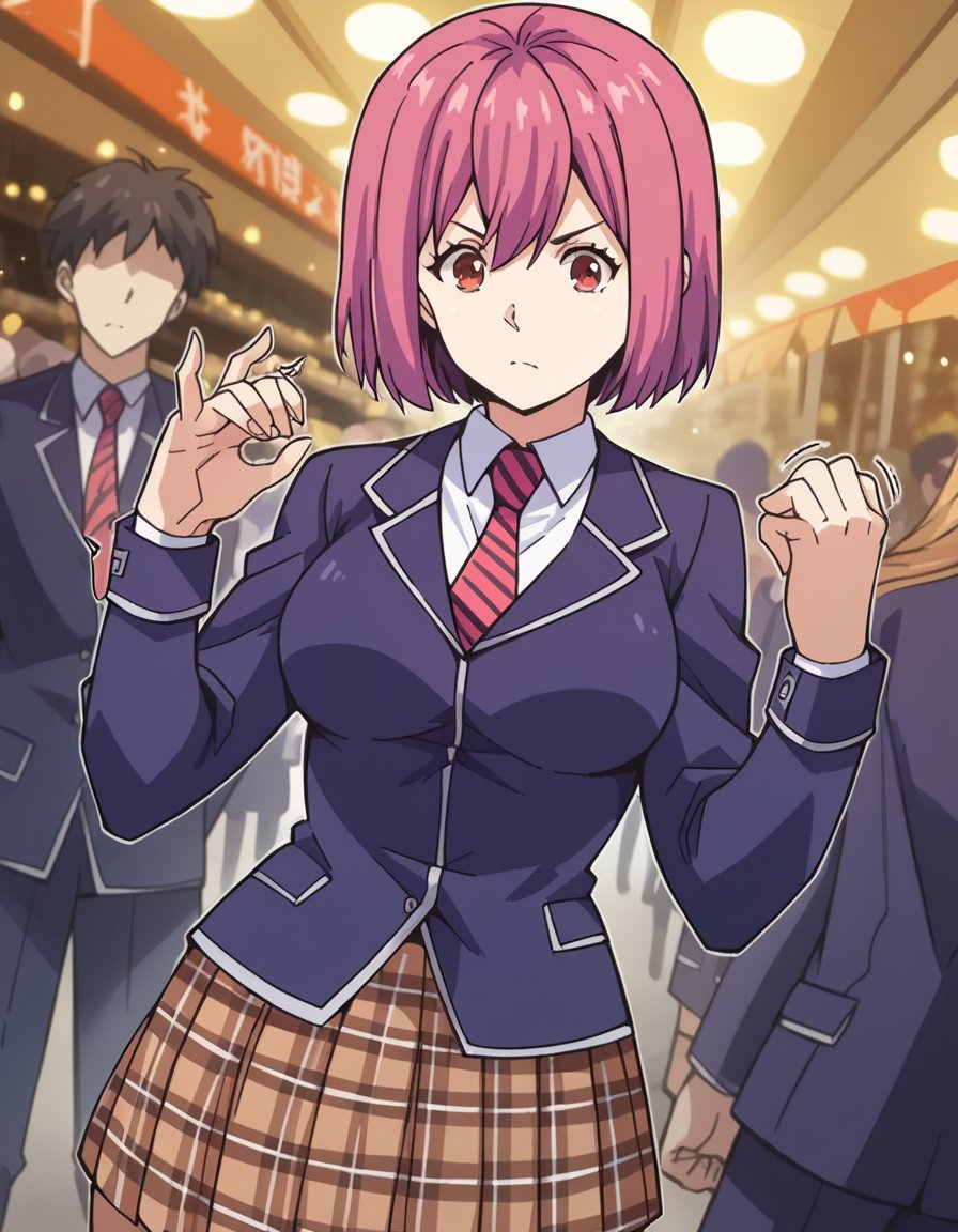 score_9, score_8_up, score_7_up, source_anime, <lora:hisako-arato-s1-ponyxl-lora-nochekaiser:1>, hisako arato, short hair, red eyes, pink hair, large breasts,, skirt, school uniform, jacket, pleated skirt, necktie, striped, plaid, plaid skirt, blazer, striped necktie,, street market, vendor, street food, bustling crowd, local flavor, vibrant, , , hand shaking hands, solo,, cowboy shot, dutch angle