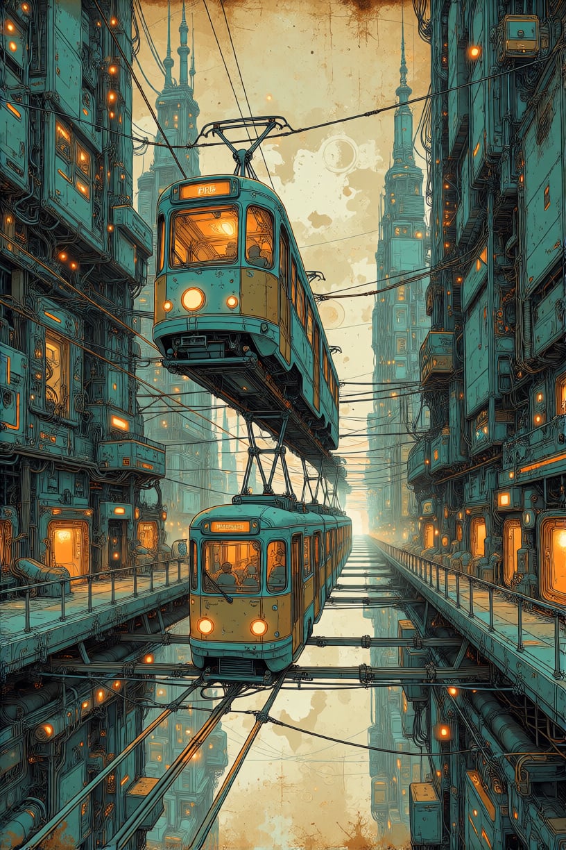 illustration of a vertical futuristic city where tram or bus vehicles hang suspended on cables between towers,  aged parch...