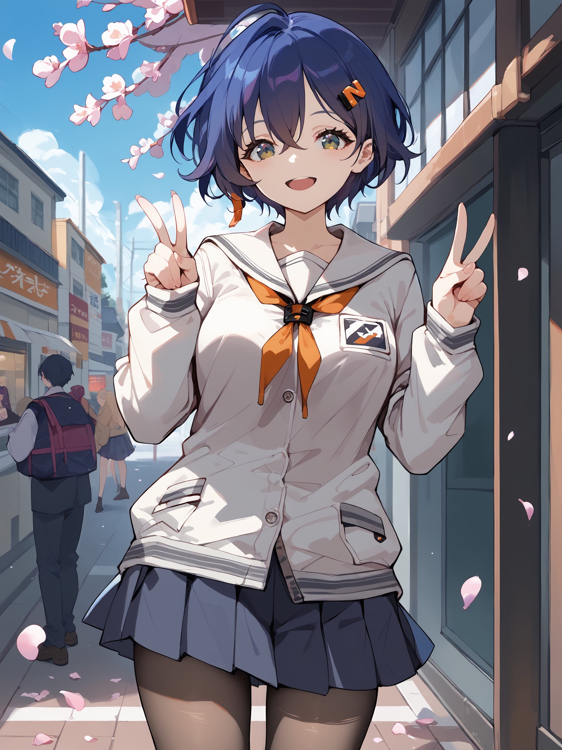 score_9, score_8_up, score_7_up, source_anime, 1girl, belle \(zenless zone zero\), hairclip, solo, school uniform, white shirt, sweater, pleated skirt, pantyhose, smile, open mouth, double v, looking at viewer, smile, open mouth, outdoors, street, cherry blossoms, petals, depth of field <lora:Char-ZZZ-Belle-Pony-V1:0.9>