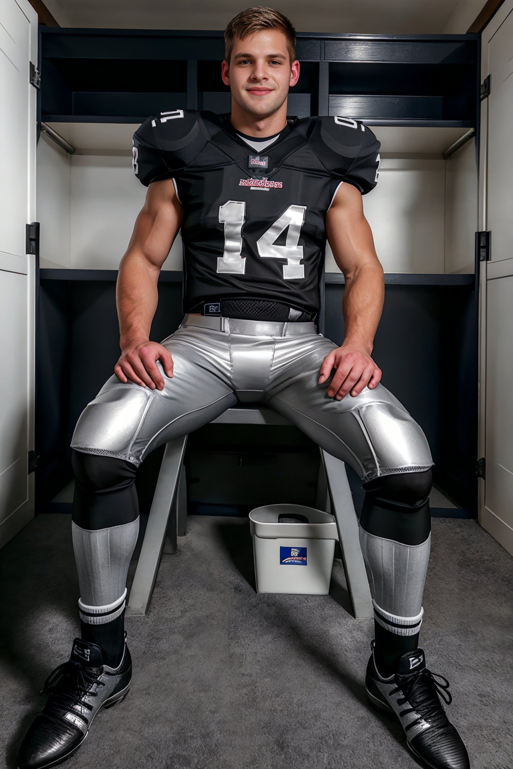 In an American football locker room,  (sitting on a locker room bench),  legs spread open by txhorn75 on Tensor.Art