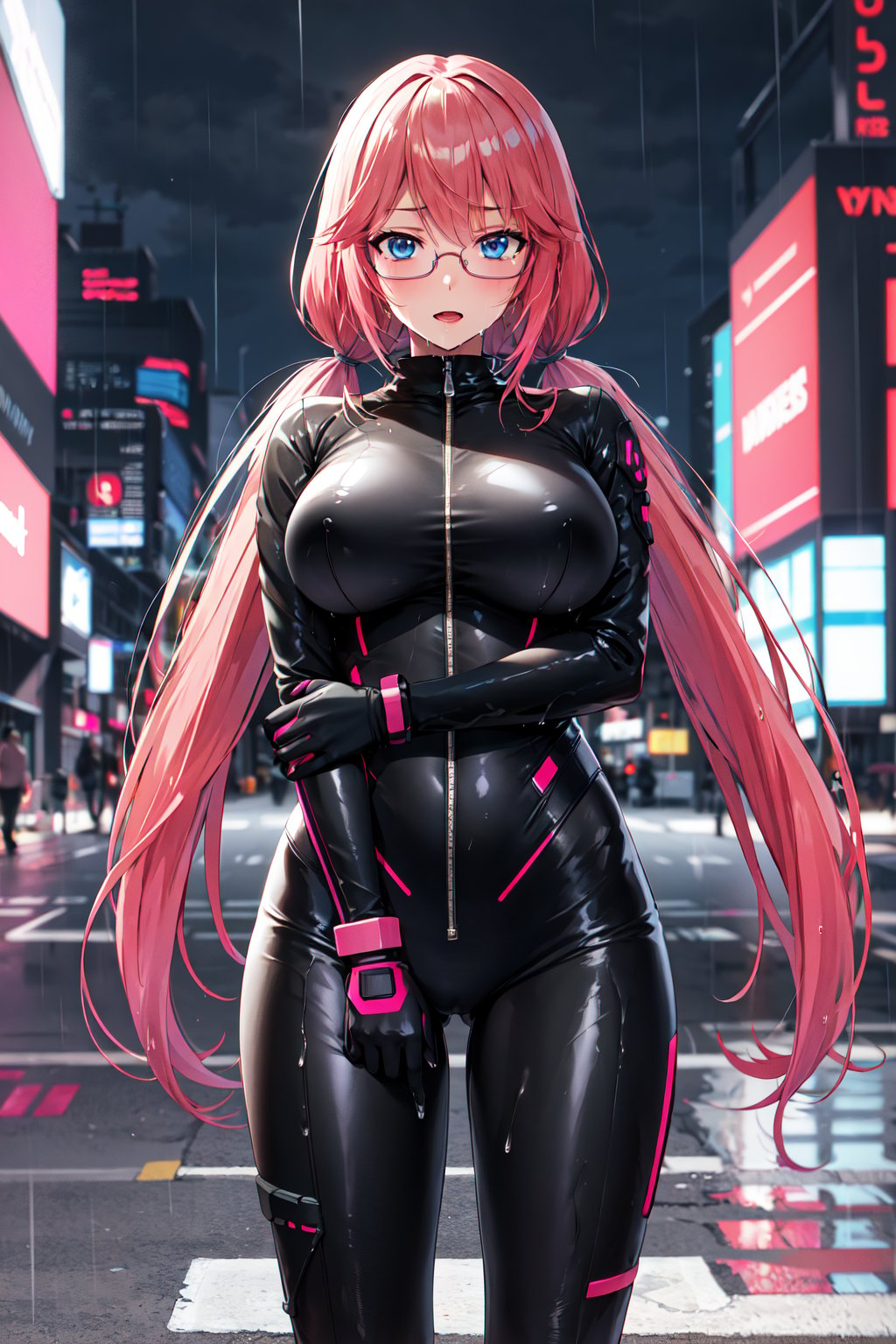 masterpiece, best quality, highres, 1girl, solo, long hair, pink hair, low twintails, blue eyes, glasses, large breasts, <lora:sakura_airi_v1:0.7>, cyberpunk, bodysuit, gloves, night, city, standing, rain, wet,