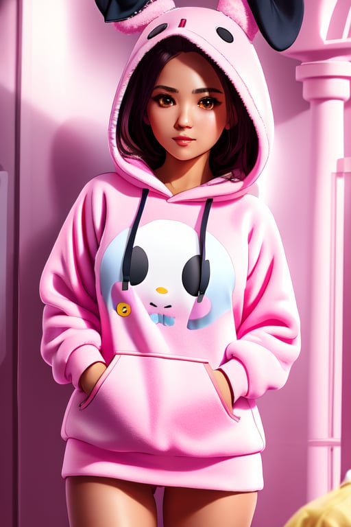full body portrait of a 21s woman wearing hoodie pajamas of mymelody,  bodysuit,  by james gurney greg rutkowski photo by...