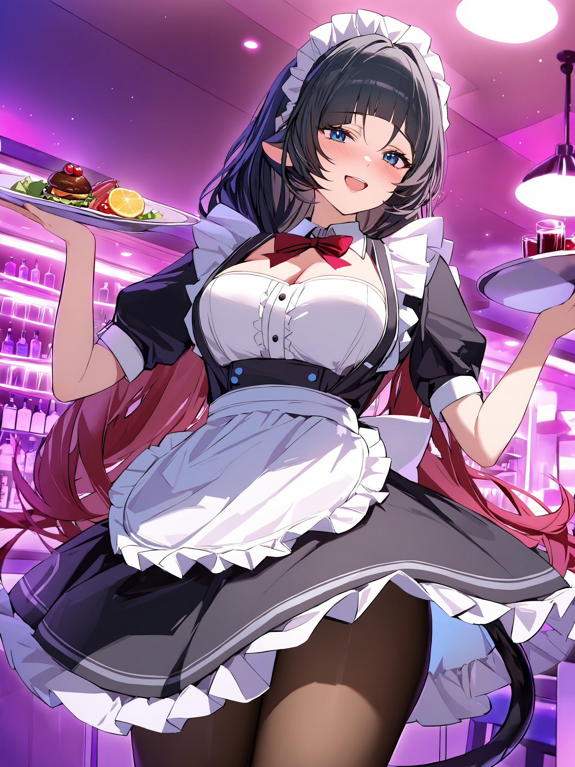 1girl, jane doe \(zenless zone zero\), long hair, solo, maid, maid headdress, maid apron, smile, embarrassed, pantyhose, open mouth, blush, smile, holding plate, looking at viewer, cowboy shot, bar \(place\), indoors, depth of field, tail <lora:Char-ZZZ-Jane_Doe-V2-XL:0.9>,  illustration, incredibly absurdres, ultra detailed, masterpiece, best quality, [<lora:detailed_notrigger:0.95>::0.5] 