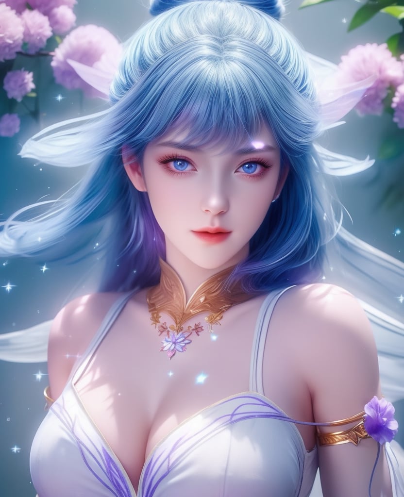 <lora:斗罗大陆-唐舞桐-海神缘:0.8>　　1girl, solo, blue hair, blue eyes, hair ornament, sparkle, looking at viewer,  (,1girl, ,best quality, ),looking at viewer,  ,ultra detailed 8k cg,ultra detailed background,ultra realistic 8k cg,1girl, solo,(bare shoulders:0.85),(masterpiece, best quality),((oil painting style)),sexy young lady,(beautiful face and eyes),(upper body:1.5),(whole body:1.05),(single person:1.2),surrounded by flowers, (lily), roses, floret, vegetation, white, purple, purplish pink,Impressionism,colorful,(Breast size:1.3),(cleavage),