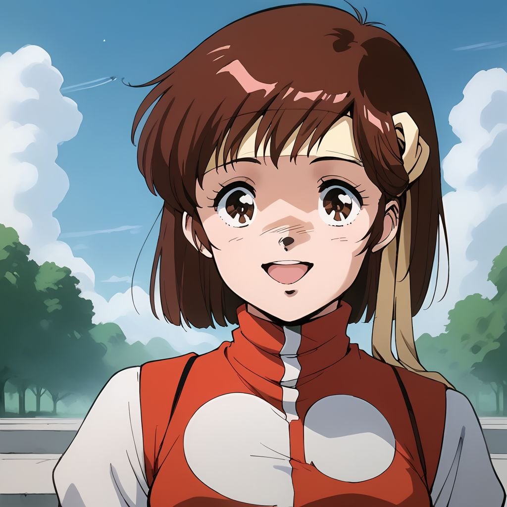 score_9,score_8_up,score_7_up, BREAK anime_source,rating_explicit,best quality,masterpiece,aesthetic,highly detailed,perfect anatomy,source_anime,very cuteportrait,smile,looking at viewer,open mouth,solo,norikotakaya,1girl,brown hair,medium hair,brown eyes,headband,short sleeves,leotard under clothes,outdoors,