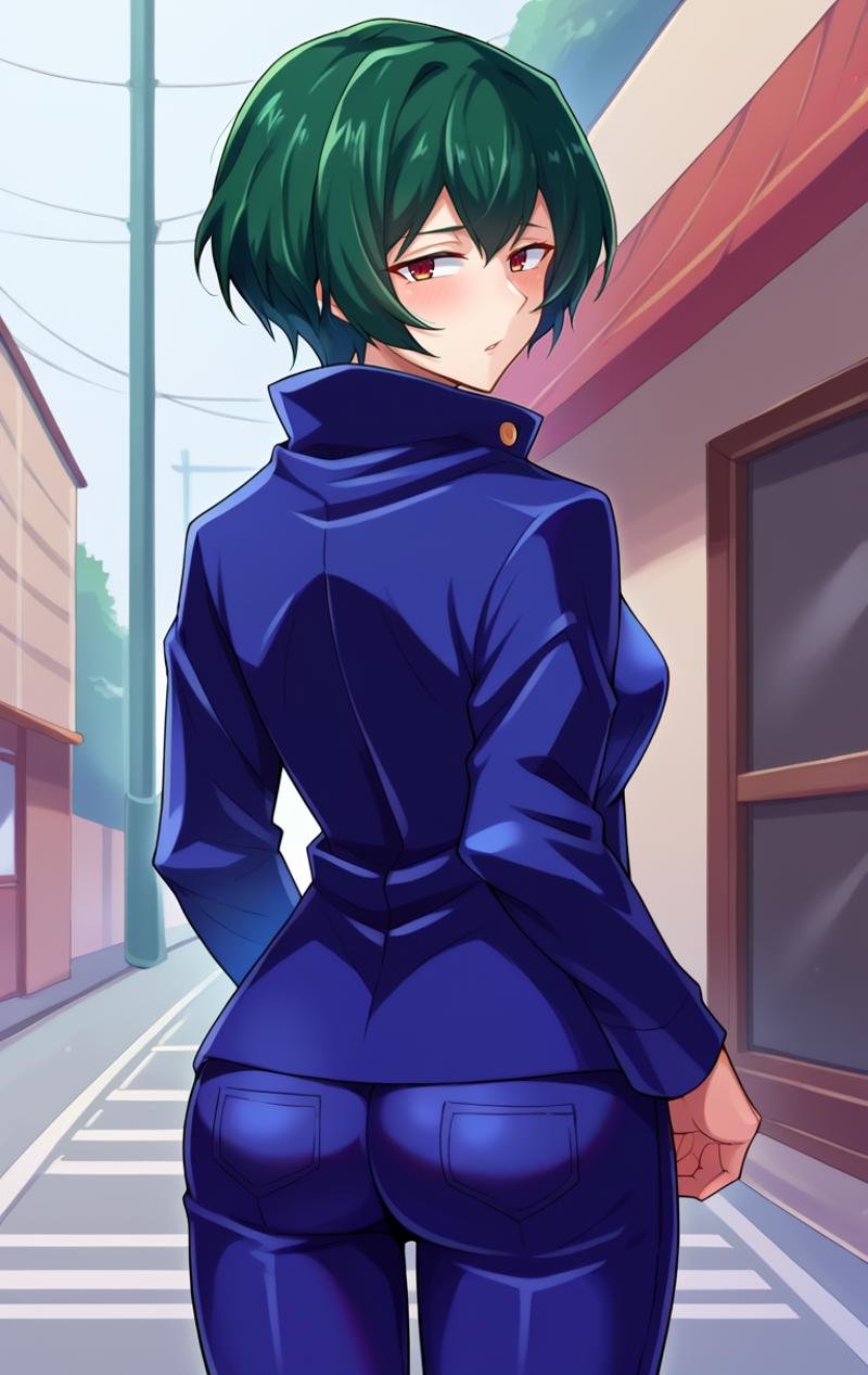 score_9,score_8_up,score_7_up BREAK <lora:Mai:1>,MaiZeninSDXL,1girl,solo,short hair,brown eyes,school uniform,high collar,gakuran,green hair,pants,cowboy shot,street background,from behind,looking back,looking at viewer,