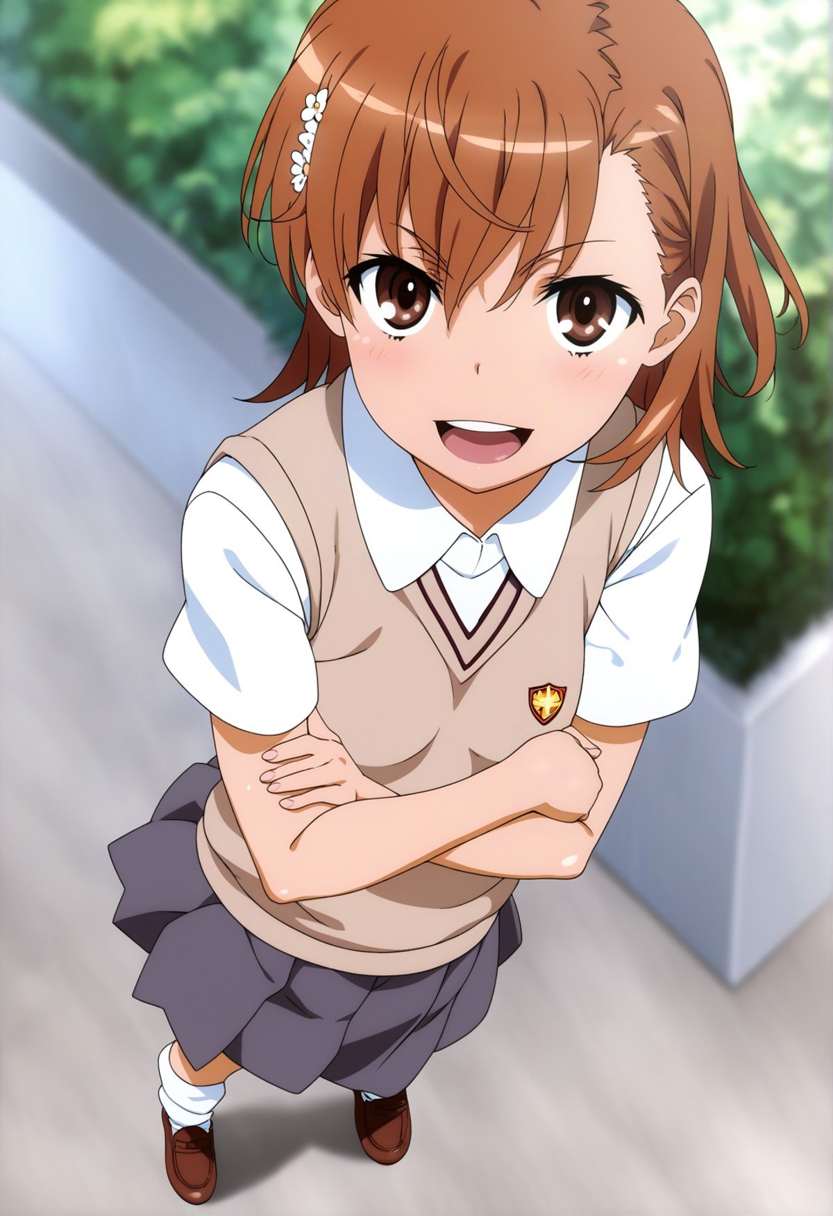 score_7_up, BREAK source_anime, toaru_as, 1girl, misaka mikoto, tokiwadai school uniform, school uniform, solo, brown hair, summer uniform, brown eyes, skirt, sweater vest, brown sweater vest, hair ornament, cowboy shot, from above, socks, crossed arms, loafers, grey skirt, medium hair, school, blurry background, tree, shoes, holding, loose socks, shirt, simple background, open mouth, brown vest, pleated skirt, brown footwear, looking at viewer, white shirt, standing, smile, sleeveless sweater, shorts, short sleeves, short hair, jaggy lines, school emblem, <lora:Toaru_ASV4XL-EP10:1>