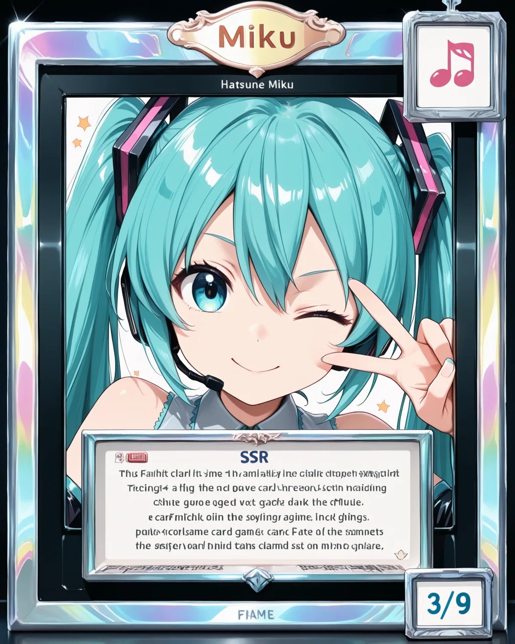 Flashy screen effects like SSR Rares.Trading card game frames.A frame labeled “Hatsune Miku” at the top of the screen.A fr...