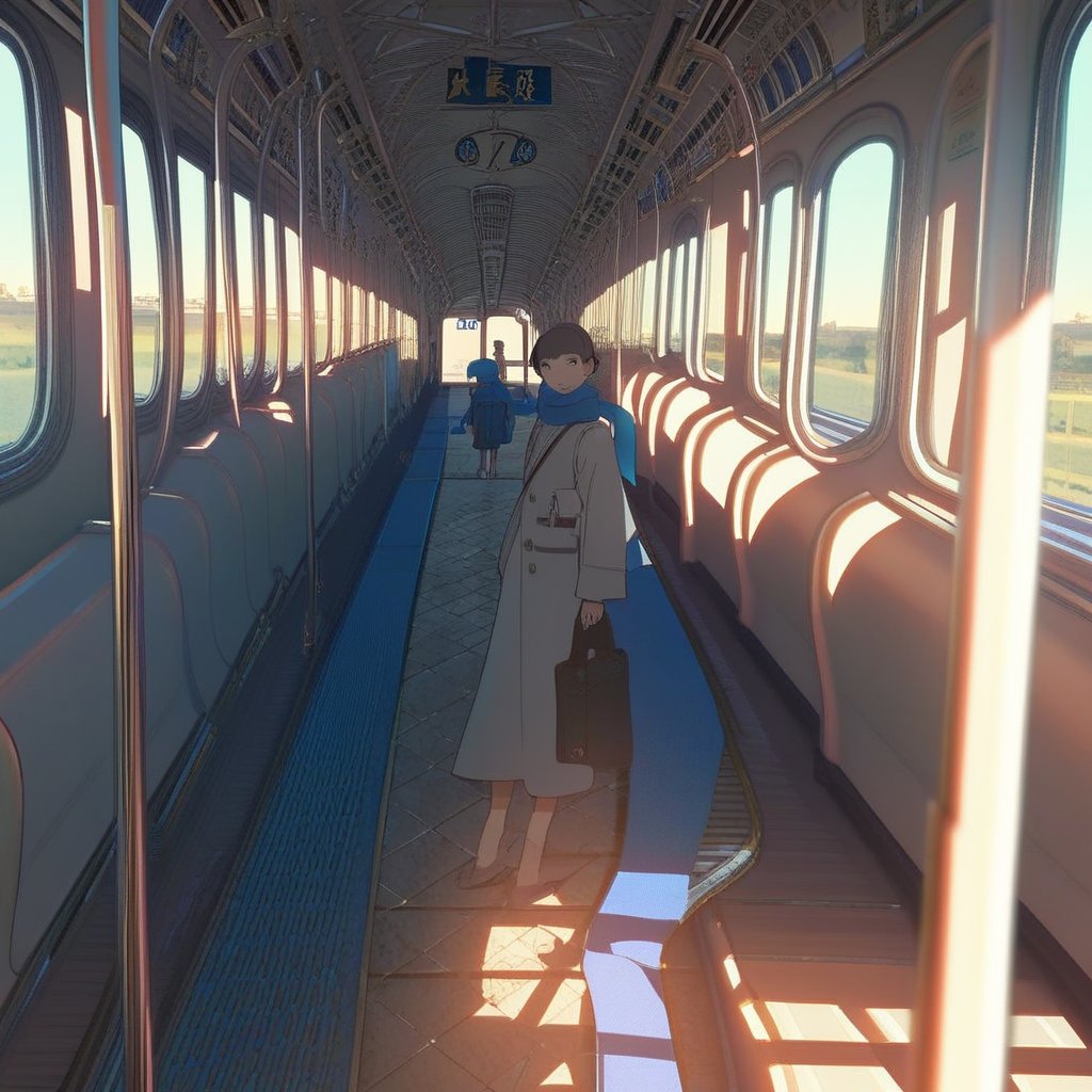 score_9, score_8_up, masterpiece, blue scarf, 1girl, looking at viewer, train station