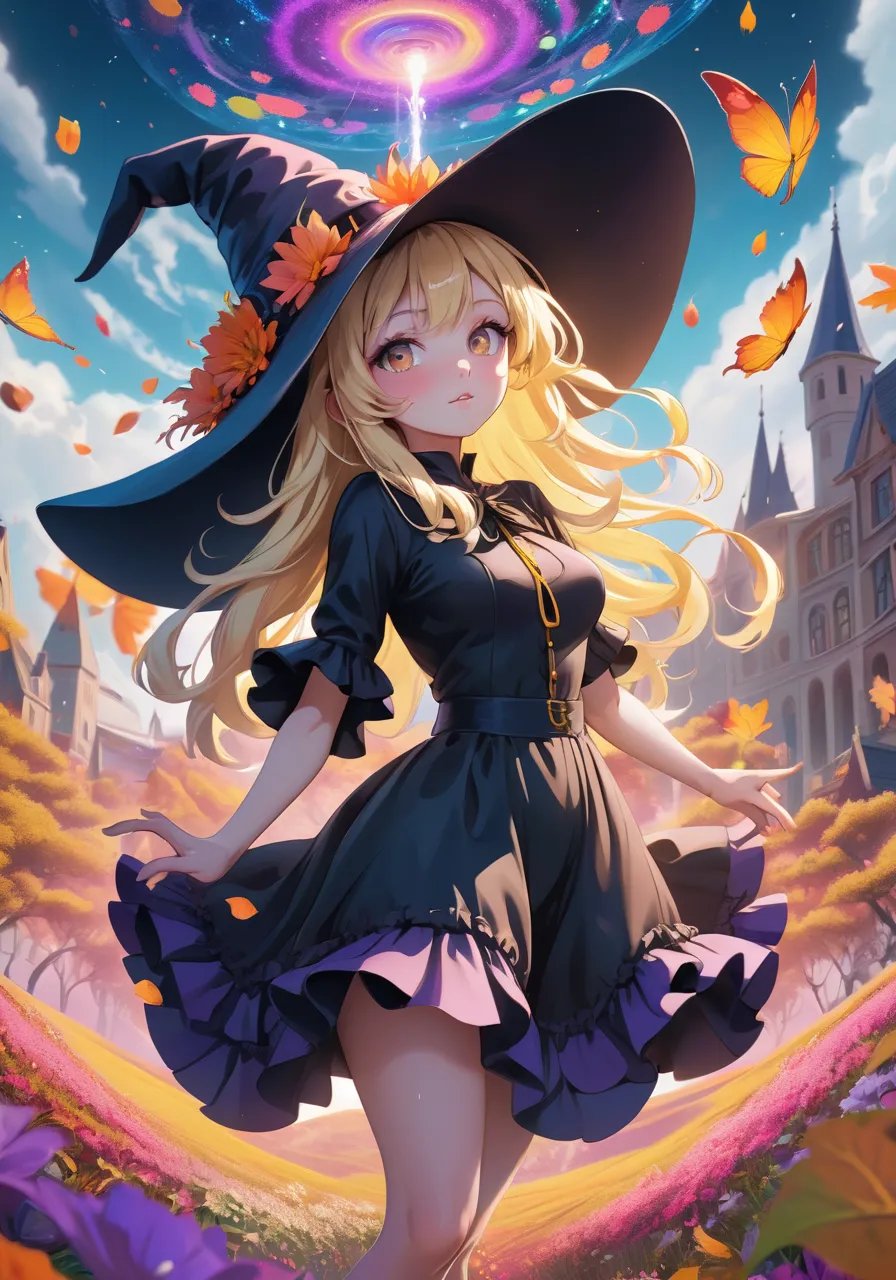 highres,best quality,natural, A psychedelic world spreads out below, Witch kawaii girl floating in the sky Wearing a witch hat Frilled fantasy costume Blonde straight hair,cinematic photo official art,unity 8k wallpaper,ultra detailed,aesthetic,masterpiece,best quality,photorealistic,entangle,mandala,tangle,entangle,cstasy of flower,dynamic angle,the most beautiful form of chaos,elegant,a brutalist designed,vivid colours,romanticism,atmospheric . 35mm photograph, film, bokeh, professional, 4k, highly detailed, skin detail realistic, ultra realistic,