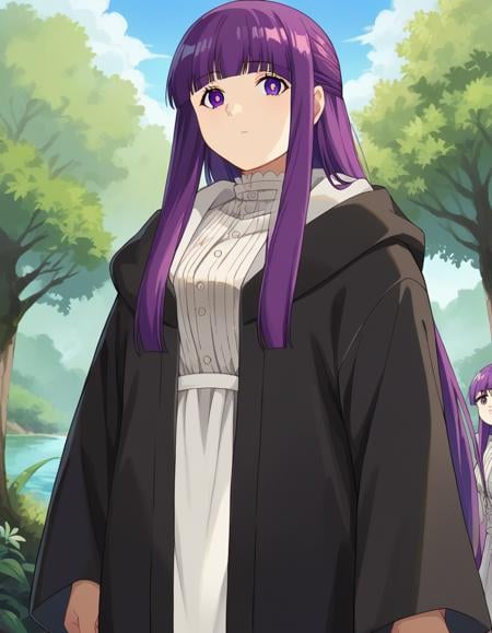 score_9, score_8_up, score_7_up, source_anime,fern, <lora:fern-s1-ponyxl-lora-nochekaiser:1>,fern, long hair, bangs, purple eyes, purple hair, sidelocks, blunt bangs, bright pupils, half updo,long sleeves, dress, white dress, long dress, robe, black robe,outdoors, nature, forest, trees, river, sun, sky, clouds,looking at viewer, cowboy shot, dutch angle,