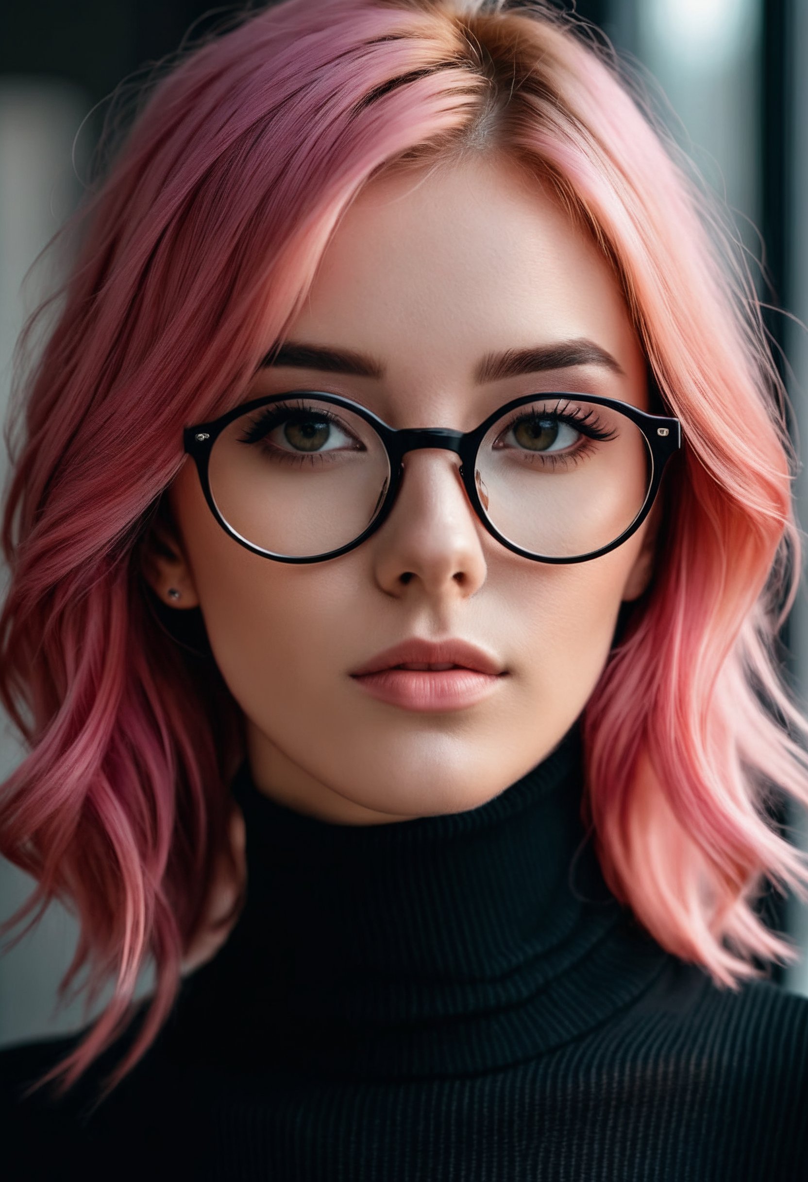 A fine art photography portrait of a beautiful 25-year-old woman with pink hair. She wears a black turtleneck and round glasses, with a realistic skin texture. The scene is set with a dramatic and cinematic feel, showcasing award-winning quality in 8k UHD resolution.