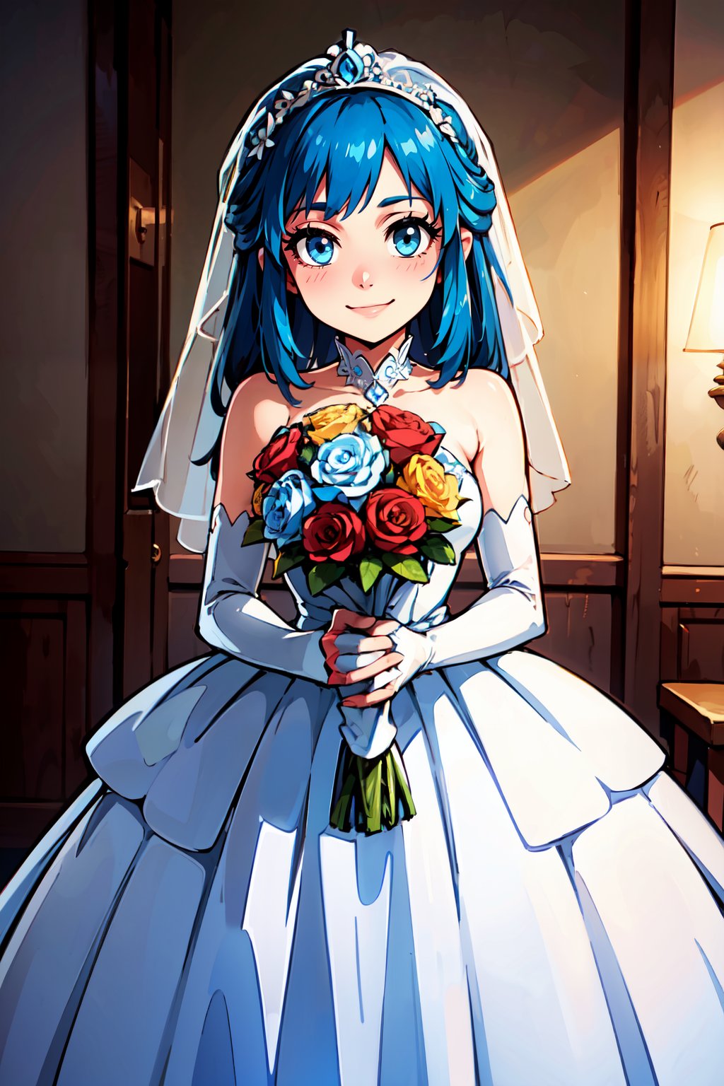 ((masterpiece,best quality)), absurdres,   <lora:Dawn_v5:0.7>,   zzDawn, blue hair, blue eyes, sidelocks, long hair,   bride, wedding dress, bridal veil, strapless dress, elbow gloves,  holding bouquet, smile,