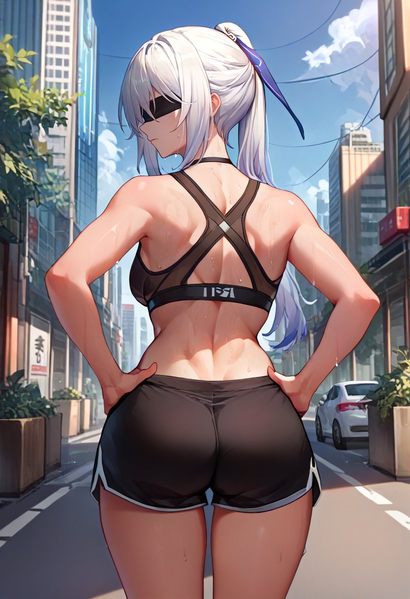 score_9, score_8_up, score_7_up, source_anime, from behind, solo, 1girl, hsrjingliu, sweat, expressionless, looking back, hands on own hips, white hair, high ponytail, black blindfold, black sports bra, black shorts, short shorts, ass, outdoors, city street <lora:hsr_jingliu_ponyXL:1>