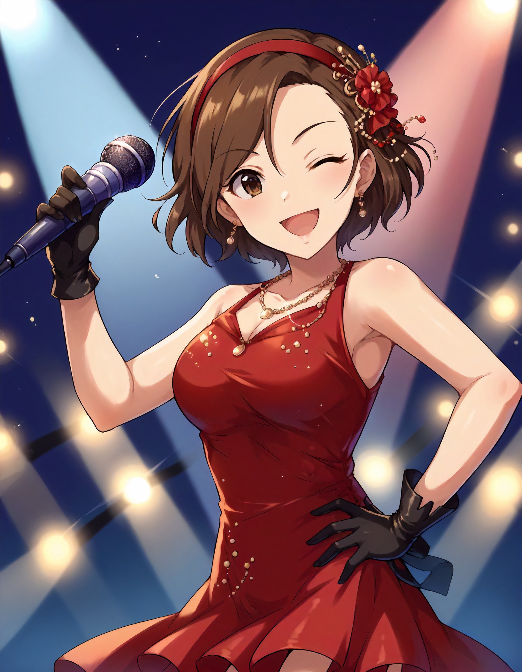 score_9,score_8_up,score_7_up,1girl,solo,cowboy shot,looking at viewer,smile,wink,open mouth,holding microphone,hand on hip,stage lights,<lora:mizukiseira_ponyXLV6:0.8>,cgmsr,brown hair,short hair,brown eyes,red hairband,hair ornament,necklace,red dress,long black gloves