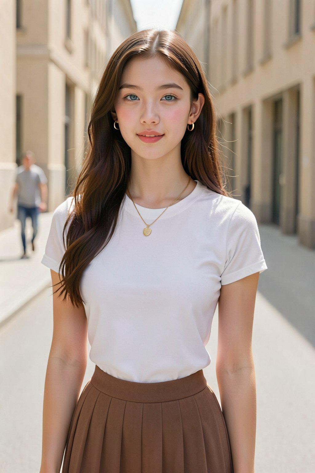 Photograph of a young Caucasian woman with fair skin and long,  wavy brown hair. She has blue eyes,  a slender build by 天T...