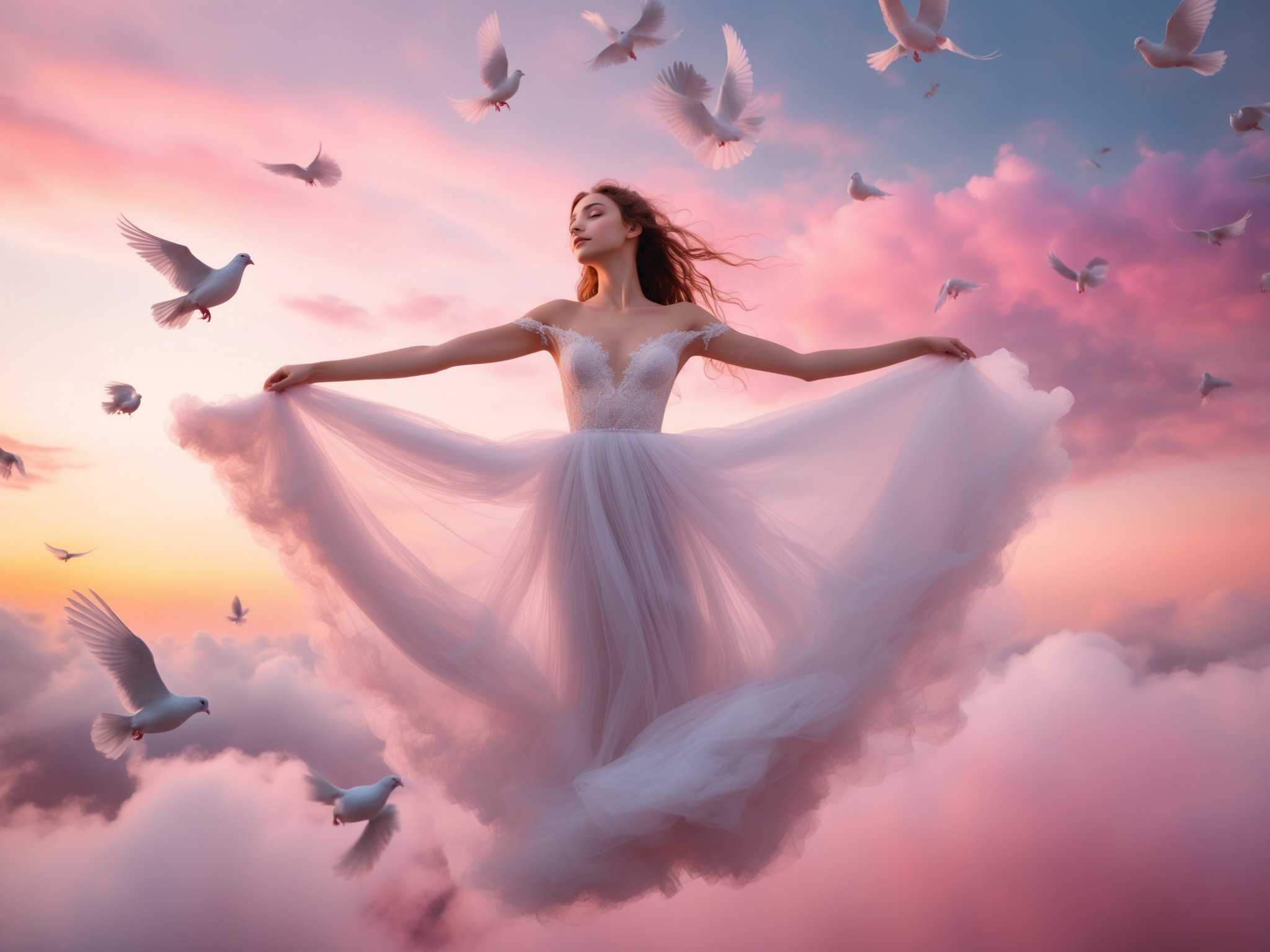 a very cute 18 y.o france girl floating in the air in pink clouds,wearing an off shoulder wedding dress with huge white wings. movie lighting. movie perspective: colorful and dazzling,hair drying,Cinematic Lighting,many pigeons,