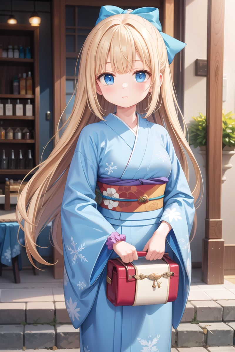 insanely detailed, absurdres, ultra-highres, ultra-detailed, best quality,1girl, solo, nice hands, perfect handsBREAK(pastel-blue and white theme:1.4), (maxi length pastel-blue kimono with [white] obi:1.4), (Extremely detailed snowflake-symbol print:1.3), (white very short ankle socks:1.2), (Japanese clogs geta:1.2), (wrap a white scrunchie around wrist:1.3),(naked skin:-1), (white kimono:-1), (legs:-1.4), (slit:-1.4)BREAKexpressionless, closed mouthBREAK,standing, cowboy shot, looking at viewerBREAKslender, kawaii, perfect symmetrical face, ultra cute girl, ultra cute face, ultra detailed eyes, ultra detailed hair, ultra cute, ultra beautifulBREAKFantasy shop Capture the enchanting and otherworldly beauty of a shop that seems like it belongs in a magical realm, selling extraordinary items, depth of field, ultra detailed backgroundBREAKlarge breastsBREAK(blonde hair, blue eyes:1.2), medium long hair,