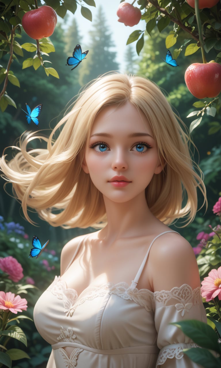 score_9, score_8_up, score_7_up, score_6_up, score_5_up, score_4_up, BREAK, portrait, 1girl, solo, blonde hair, blue eyes, masterpiece, best quality, ultra-detailed, floating, beautiful detailed eyes, detailed light, fruits, flowers, colorful, garden, colorful background, forest, butterfly