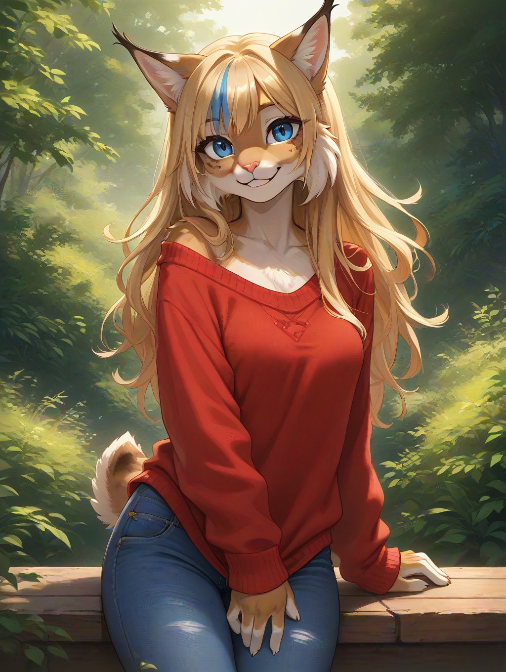 score_9, score_8_up, score_7_up,source_anime,BREAK,anthro, furry, feline, female, detailed textured fur, fur tufts, fluffy, slim, slender, cute, sweater, baggy denim jeans, beautiful blue eyes, detailed eyes, smile, solo, SFW, lynx, long blonde hair, multicolored hair, streaked hair, absurdres, highres,