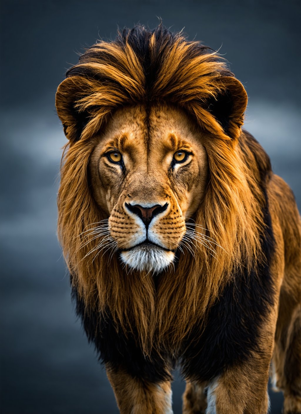 cinematic photo Medium format photorealistic silk screen, (Athletic Feminine Male Lion portrait:1.3), Golden chrome details, Majestic mane, Piercing eyes, (Muscular strength:1.2), Lithe pose, Strong jawline, (Cinematic shadows:1.2), Hyperborea lighting, Cloudy backdrop, Realistic fur texture, Timeless elegance, Trending on ArtStation . 35mm photograph, film, bokeh, professional, 4k, highly detailed