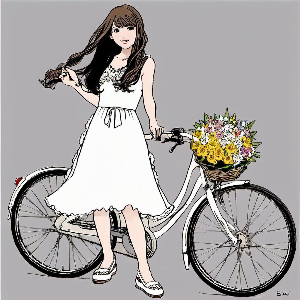 chahua,1girl, bicycle, solo, ground vehicle, brown hair, flower, bouquet, long hair, dress, white dress, smile, shoes, <lora:日系二次元人物_插画_V1.0XL:1>, masterpiece, best quality,