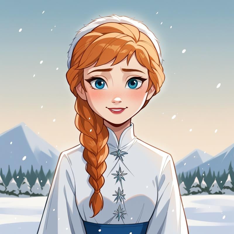 score_8_up, BREAK, anna, 1girl, solo, orange hair, braid, blue eyes, white  dress, cowboy shot,  <lora:Anna_Frozen_PXL_Leaf1:0.8>, looking at viewer, outdoors, snow, 