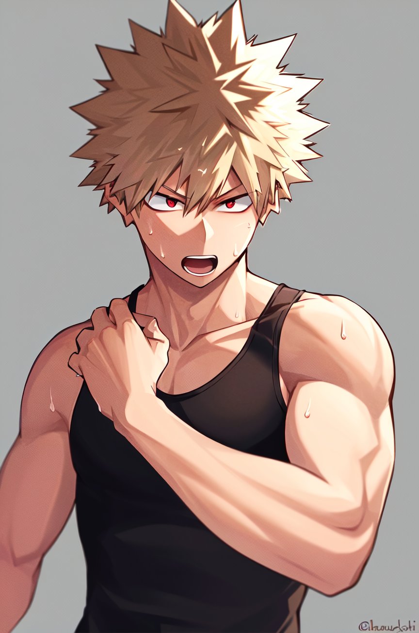 horikoshi kouhei, 1boy, absurdres, bakugou katsuki, bare shoulders, black tank top, blonde hair, blurry, blurry background, boku no hero academia, chama kou, highres, looking away, male focus, muscular, muscular male, open mouth, red eyes, short hair, spiked hair, sweat, tank top, twitter username, wiping sweat,<lora:horikoshi_kouhei-000030:0.5>