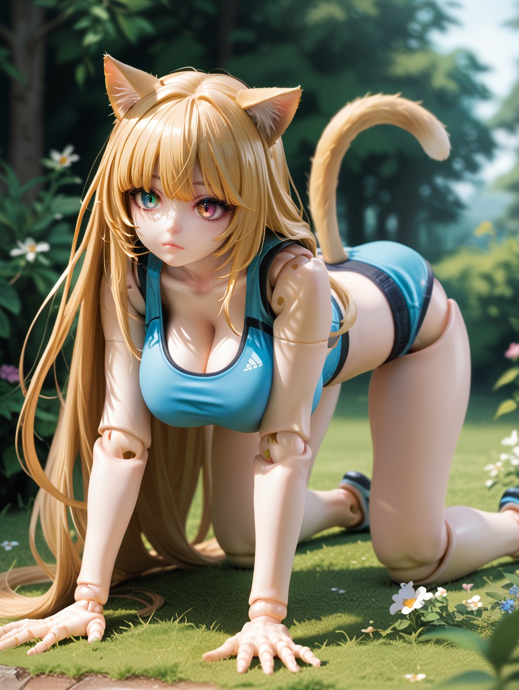 score_9, score_8_up, score_7_up,doll, joints, 1girl,very long hair, gold hair, heterochromia, eye reflection, all fours, cat ears, cat tail, huge breasts, sports bra, shorts, outdoors,  