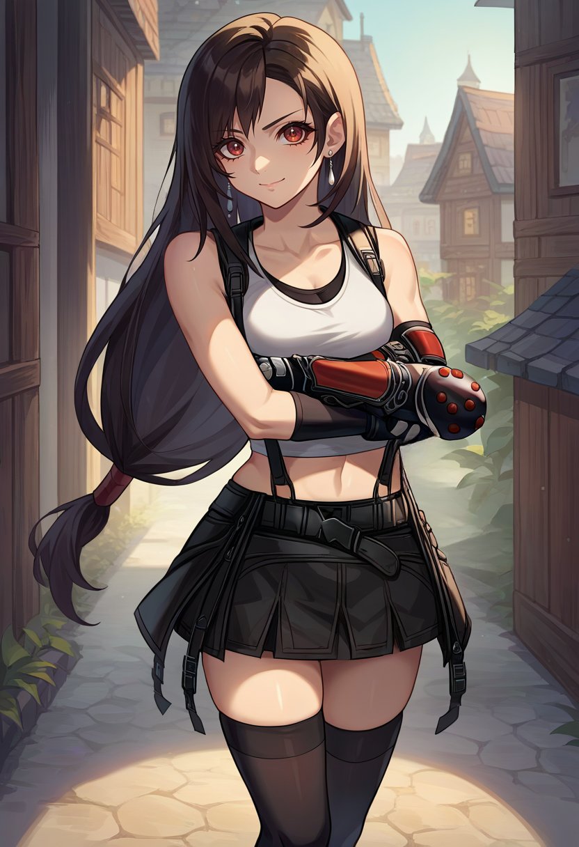 score_9, score_6_up, source_anime, 1girl, solo, town, standing, crossed arms, tifa_remake, low-tied long hair, white tank top, suspenders, black skirt, black thighhighs, elbow gloves, fingerless gloves, elbow pads, belt, black thighhighs, earrings, light smile, looking at viewer <lora:tifaXL:1>