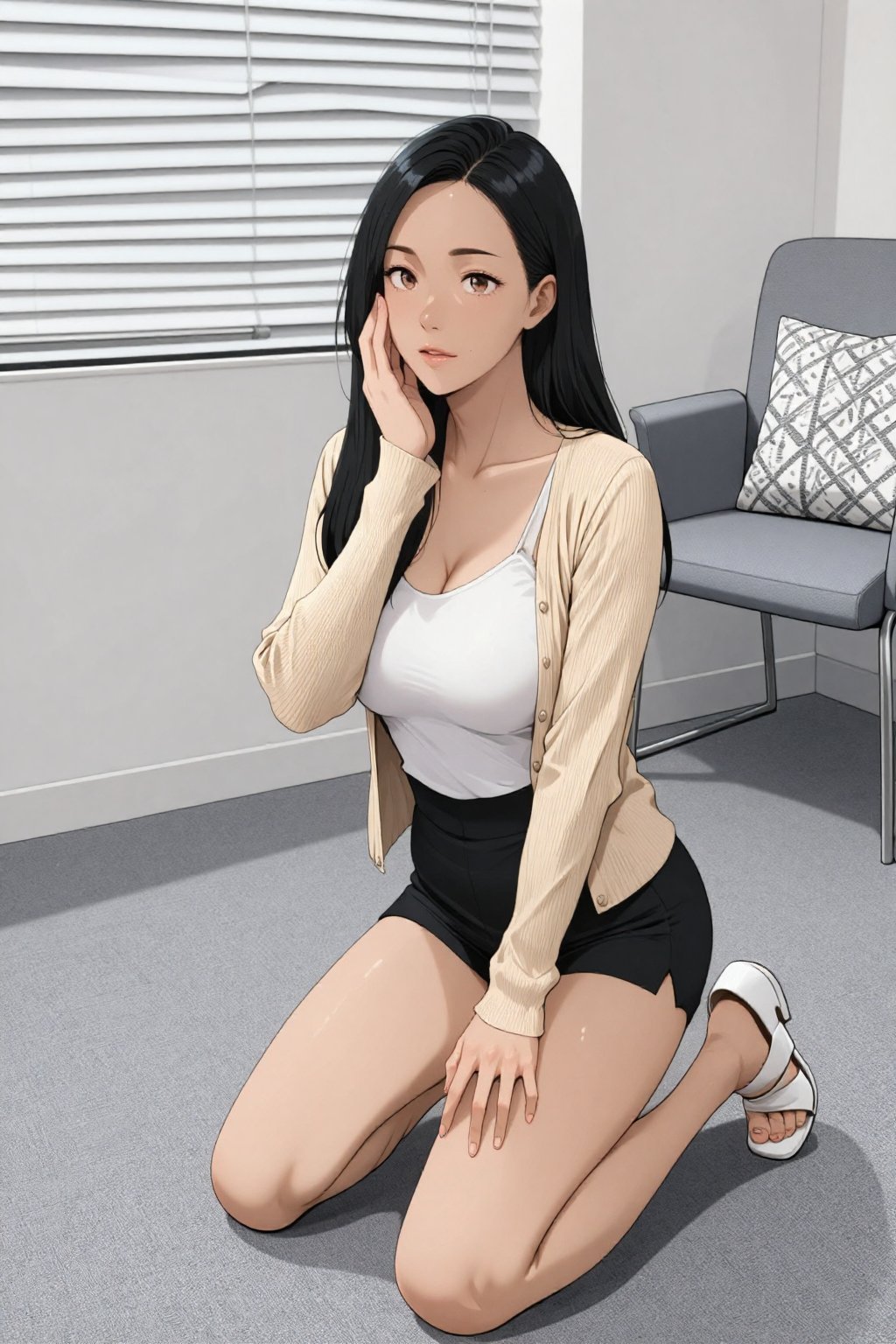 一位亚裔女性跪在现代简约风格的房间里,  房间铺着灰色地毯。她有着乌黑亮丽的长直发和白皙的皮肤。她身穿米色罗纹开衫,  内搭白色无袖上衣 by 天TIN on Tensor.Art