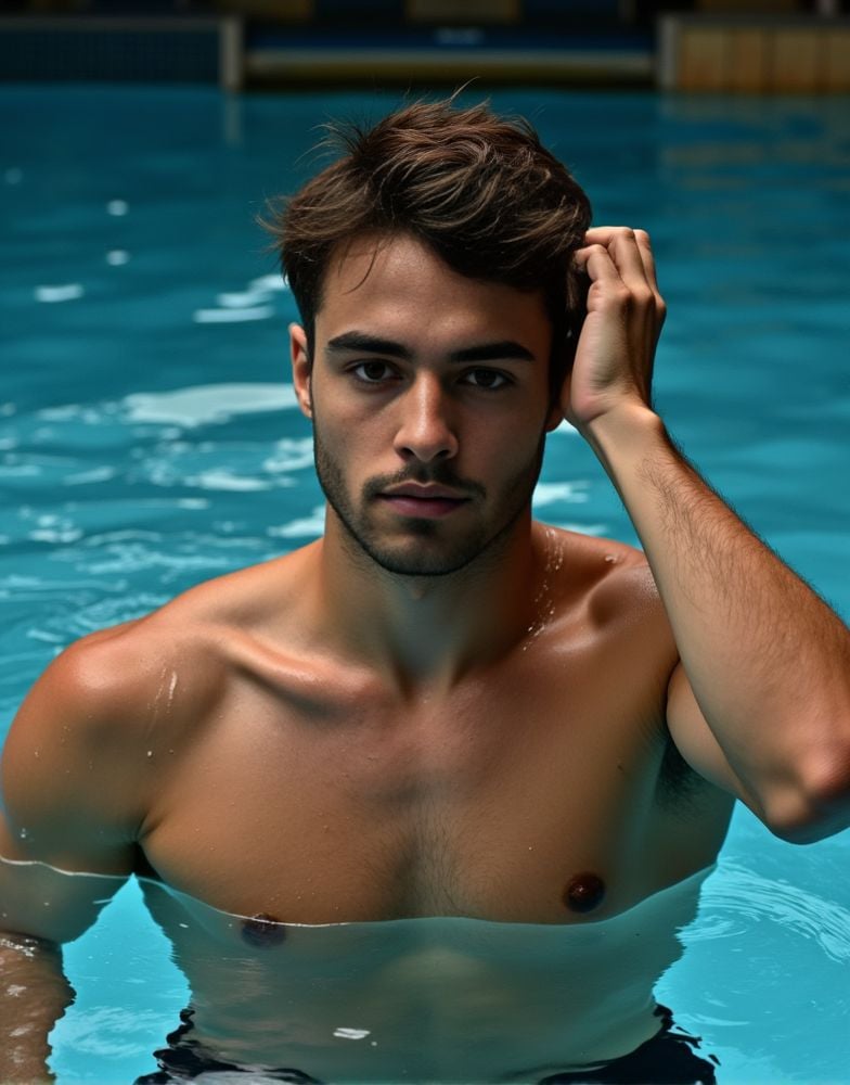 Jules Bouyer ,  emerging from a swimming pool. water dripping from his sculpted body. brushing his wet hair back with one...