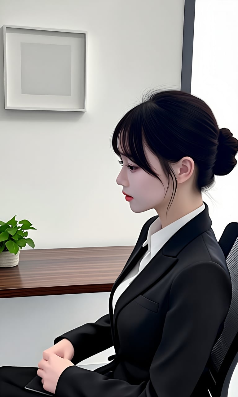 Focusing on a young woman's side face with pale skin and dark hair tied half updo,  and long eyelashes. She wearing black...