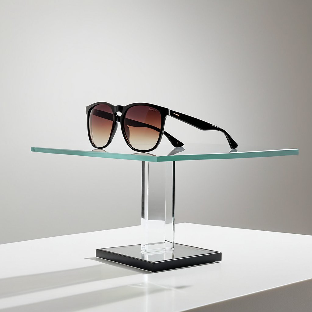 a pair of sunglasses elevated on a clear acrylic display riser against a soft neutral gradient,  clean bright studio light...