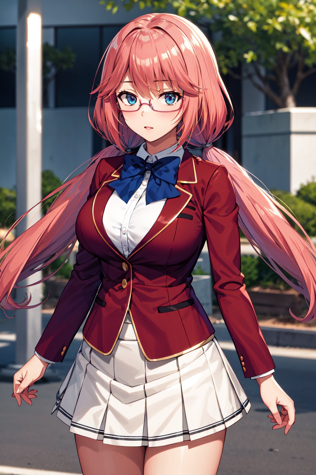 masterpiece, best quality, highres, 1girl, solo, long hair, pink hair, low twintails, blue eyes, glasses, large breasts, school uniform, blue bowtie, blazer, red jacket, long sleeves, white skirt, <lora:sakura_airi_v1:0.7>, standing, cowboy shot, outdoors