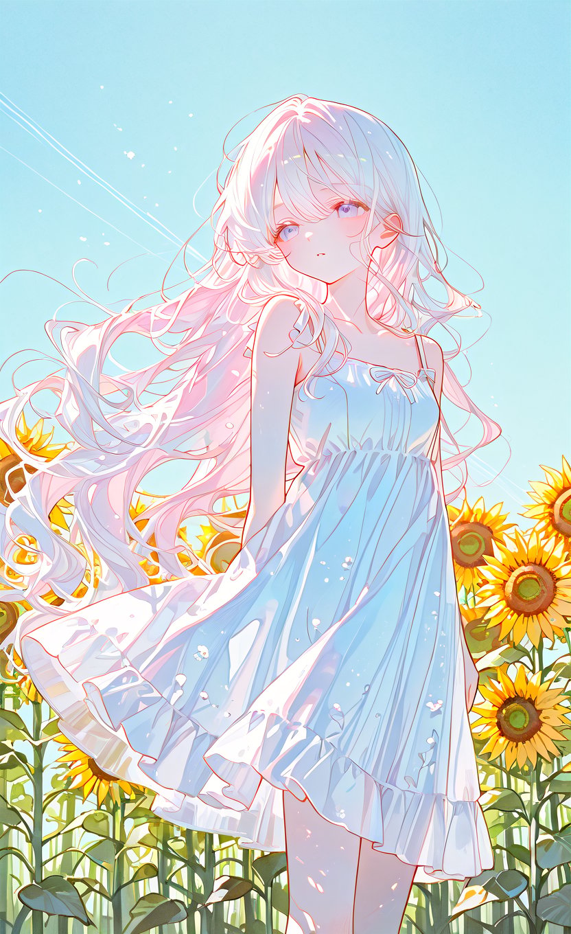 1girl,  long flowing hair,  wearing a white summer dress by Rin_x0 on Tensor.Art
