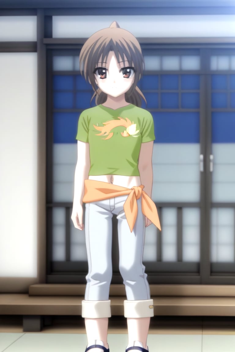 Highly detailed, High Quality, masterpiece, beautiful, source_anime, 1girl, solo, (feminine focus, young woman, 16 years old), Otome Katou, brown hair, brown eyes, medium hair, ponytail, green shirt, navel, midriff, pants, jeans, shoes, looking_at_viewer, front view<lora:EMS-453333-EMS:1.000000>