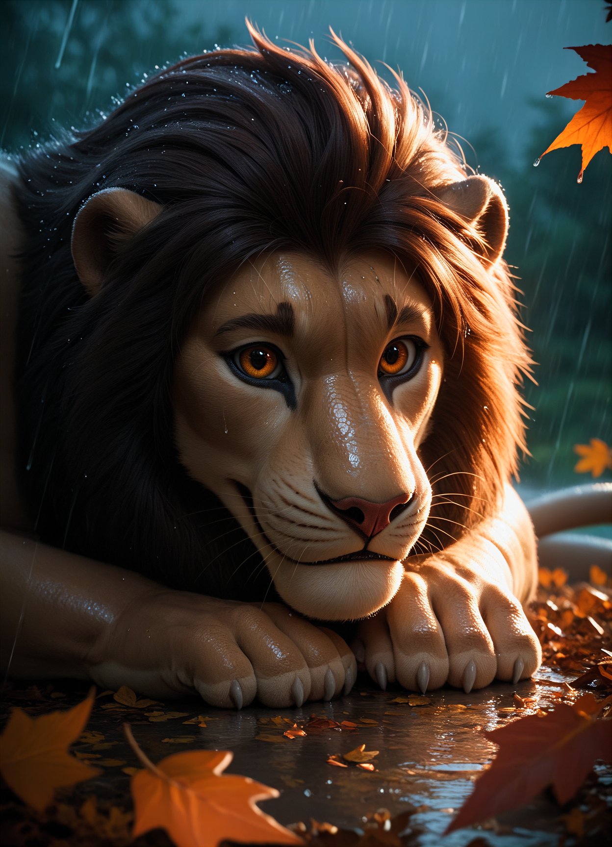 score_9, score_8_up, score_7_up, lion, hiding in the leaves, black dragon, shiny scales, ((rain)), zazie rainyday, beautiful eyes, macro shot, colorful details, natural lighting, amazing composition, subsurface scattering, velus hairs, amazing textures, filmic, soft light