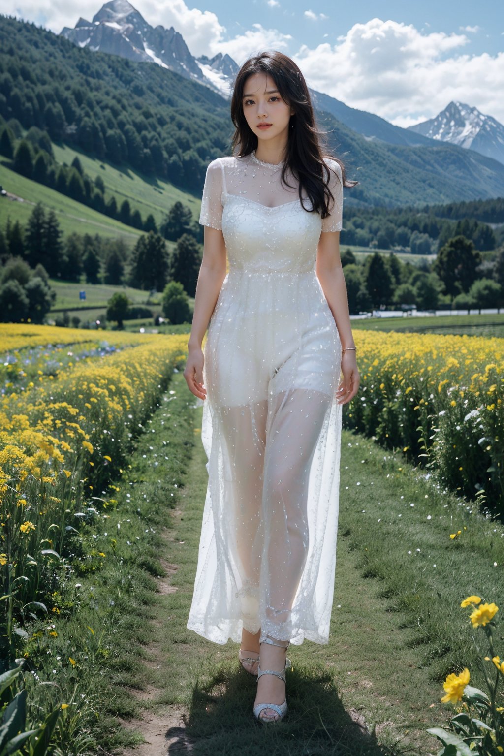 Realistic,(masterpiece:1.2),best quality,8K,HDR,RAW,1girl,(Black hair,delicate girl),((solo)),(Spring scenery, mountains in the distance, beautiful clouds, rape flower fields),huge breasts,standing,full body,(Looking at the audience),<lora:add_detail:0.6>,<lora:GoodHands-beta2:1>,<lora:ENNE 白色雪纺连衣裙_v10:1>,white skirt,