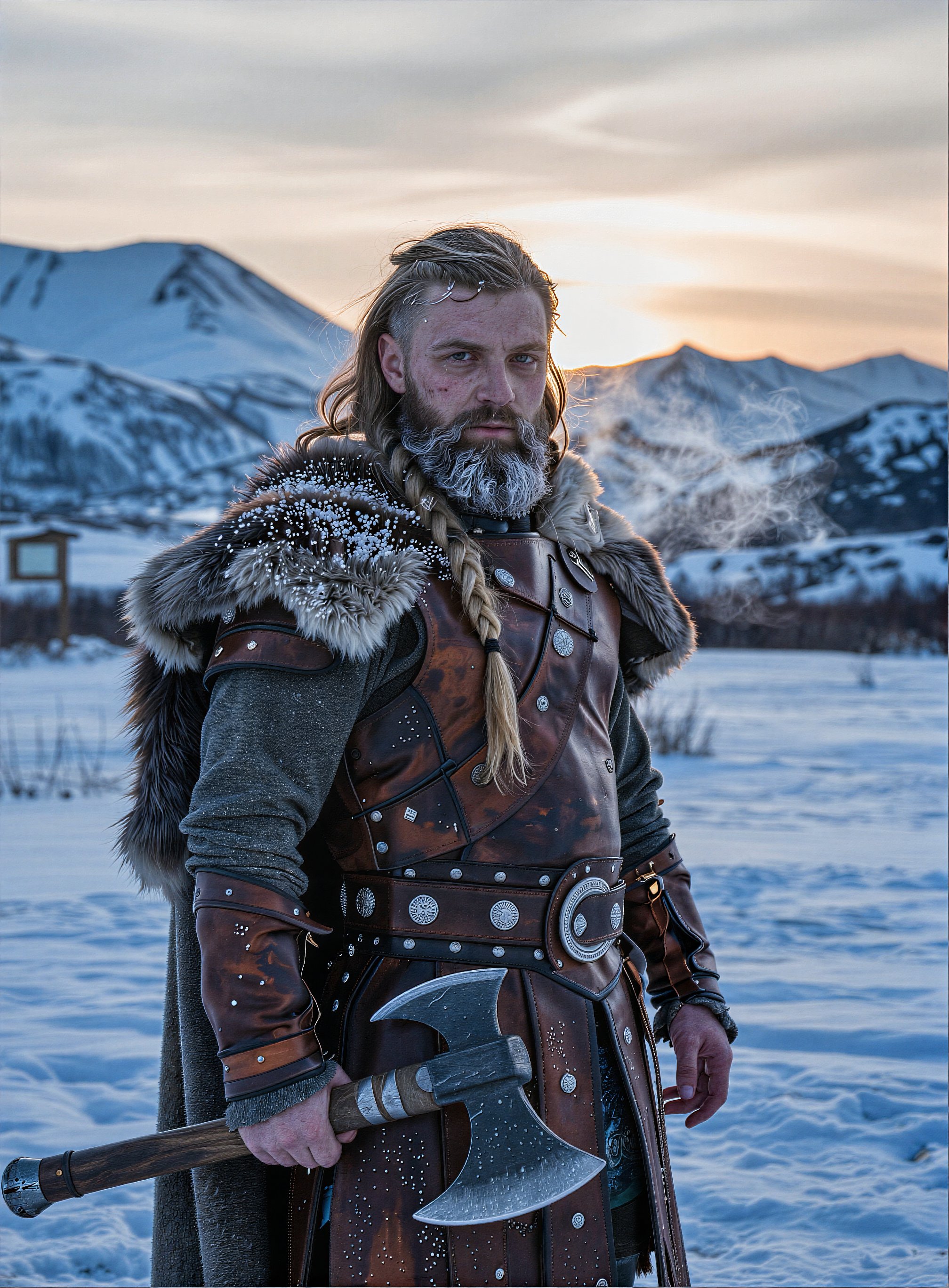 A towering adult male Norse warrior stands in a frozen expanse,  his weathered face etched with the resilience of a harden...