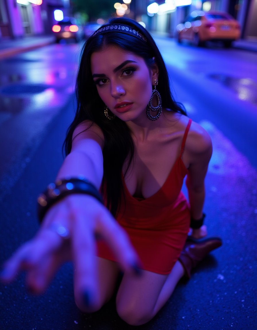 Aesthetic, dynamic pose, beautiful round face, prominent cheekbones, big round eyes, thick eyebrows, Mexican woman, with silky dark hair, tanned pale skin, posing aesthetically, soft lights environment, artificial lighting. She is on a blue and purple light street, with wet roads with poddles, reflecting psychodelic colors of the lights around her. The woman is kneeling, with one hand extended forward, reaching towards the camera in sensual and inviting pose and bending forward getting close to it. She is wearing a red deep neckline dress, cleavage,  with brown leather boots. She has a black hairband, big hoop aztec style earrings, and mexican style bracelets, photo realistic, real life photography, cinematic, surreal, dreamy  <lora:Aesthetic_Poses:1> <lora:Flux_Skin_Texture:1>